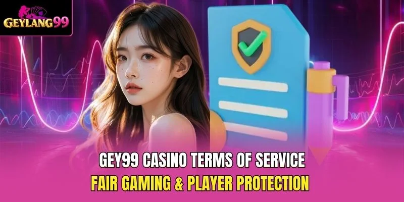 GEY99 Casino Terms of Service — Fair Gaming and Player Protection promotional banner with GEYLANG99 logo and verified document icon