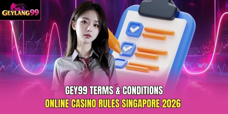 GEY99 Terms and Conditions — Online Casino Rules Singapore 2026 promotional banner with GEYLANG99 branding