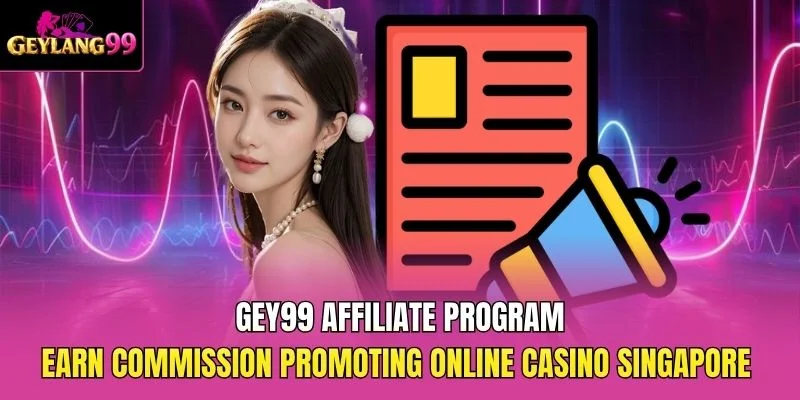 GEY99 Affiliate Program — Earn Commission Promoting Online Casino Singapore promotional banner with GEYLANG99 logo and megaphone icon