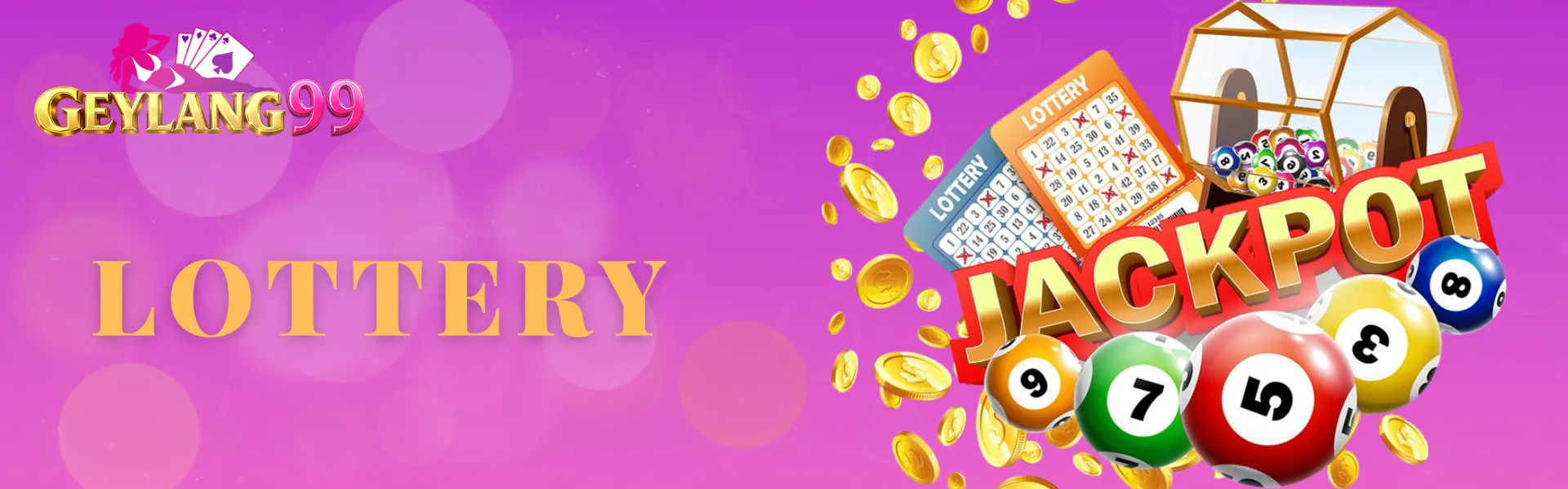 GEYLANG99 Lottery banner with gold LOTTERY headline, brand logo, jackpot text, lottery tickets, draw machine, numbered balls, and gold coins on a pink-purple gradient background
