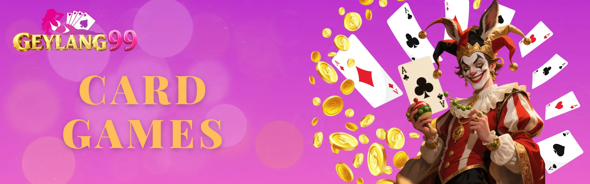 GEYLANG99 Card Games banner with gold CARD GAMES headline, brand logo, jester character, flying ace cards, and gold coins on a pink-purple gradient background