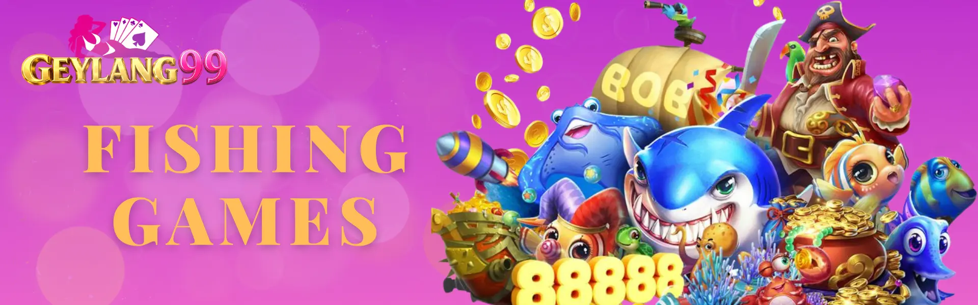 GEYLANG99 Fishing Games banner with gold FISHING GAMES headline, brand logo, underwater pirate and shark, treasure chest, coins, sea creatures, and purple-magenta background