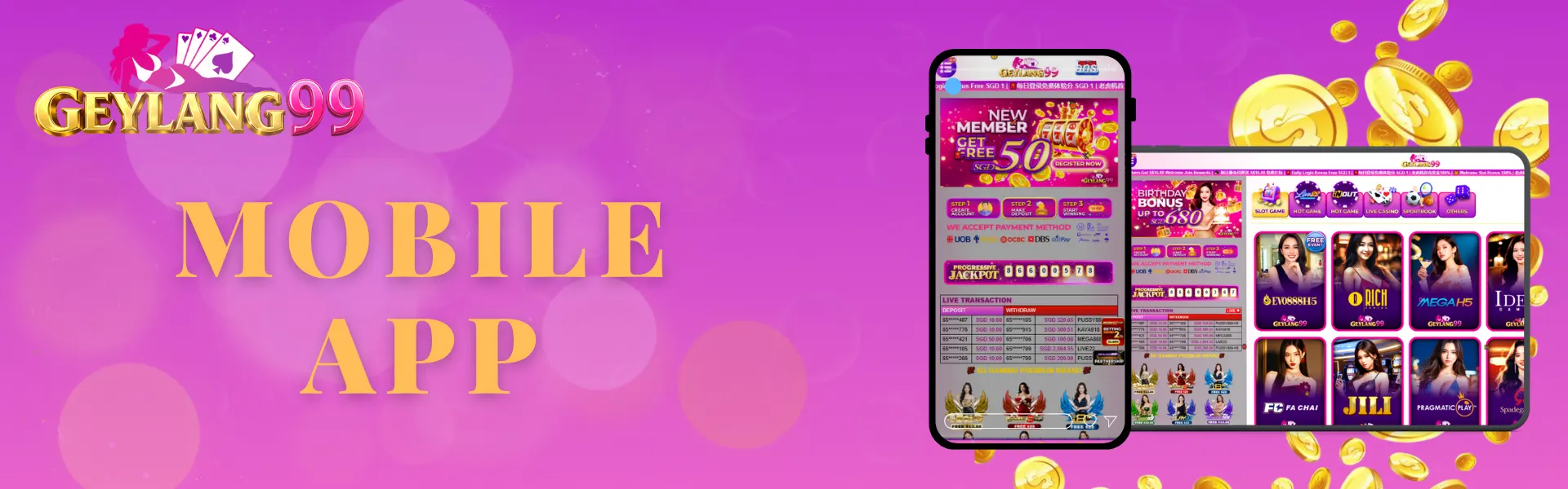 GEYLANG99 Mobile App banner with gold MOBILE APP headline, brand logo, smartphone and desktop app preview screens, floating coins, and pink-purple gradient background