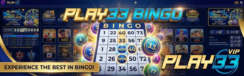 PLAY33 bingo banner with numbered cards and bingo balls