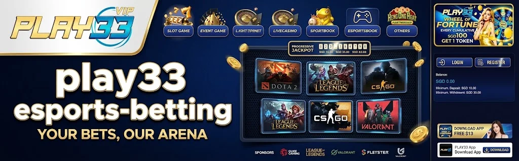 PLAY33 esports betting banner with Dota 2, League of Legends, CS, and Valorant markets