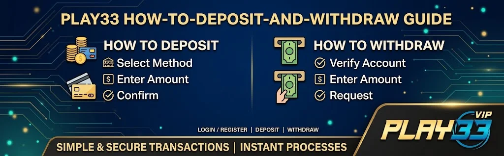 PLAY33 how to deposit and withdraw guide showing PayNow and bank steps