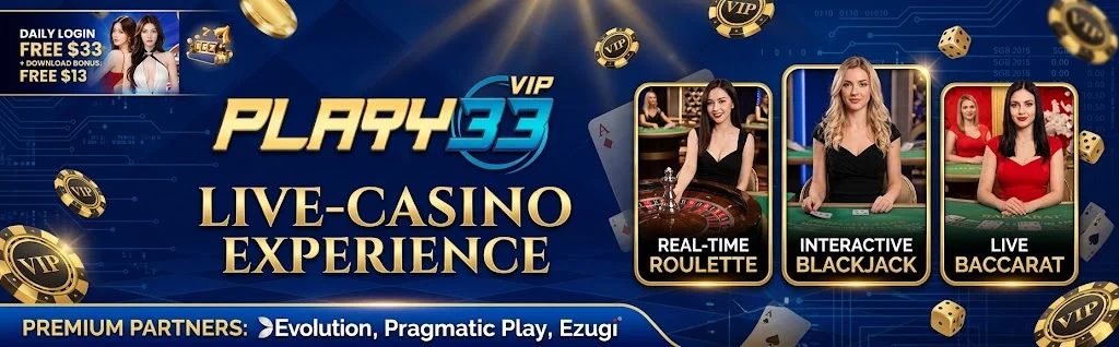 PLAY33 live casino banner with roulette, blackjack, and baccarat dealers