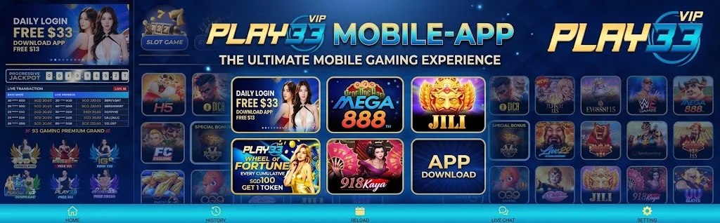 PLAY33 mobile app banner showing the phone lobby and download bonuses