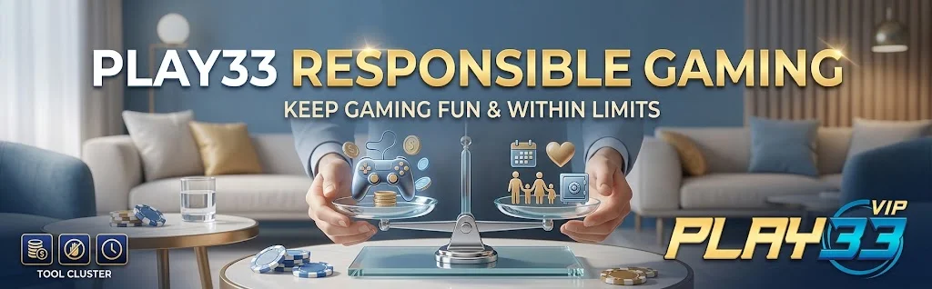 PLAY33 responsible gaming banner with deposit limits, time limits, and cool-off tools