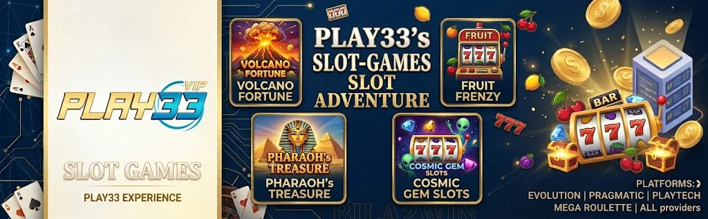 PLAY33 slot games banner with jackpot reels and featured slot titles