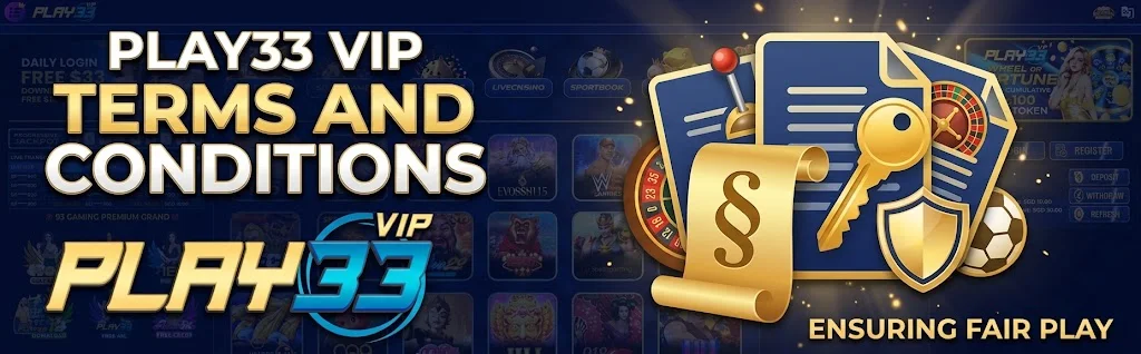 PLAY33 terms and conditions banner with fair play and account rule icons