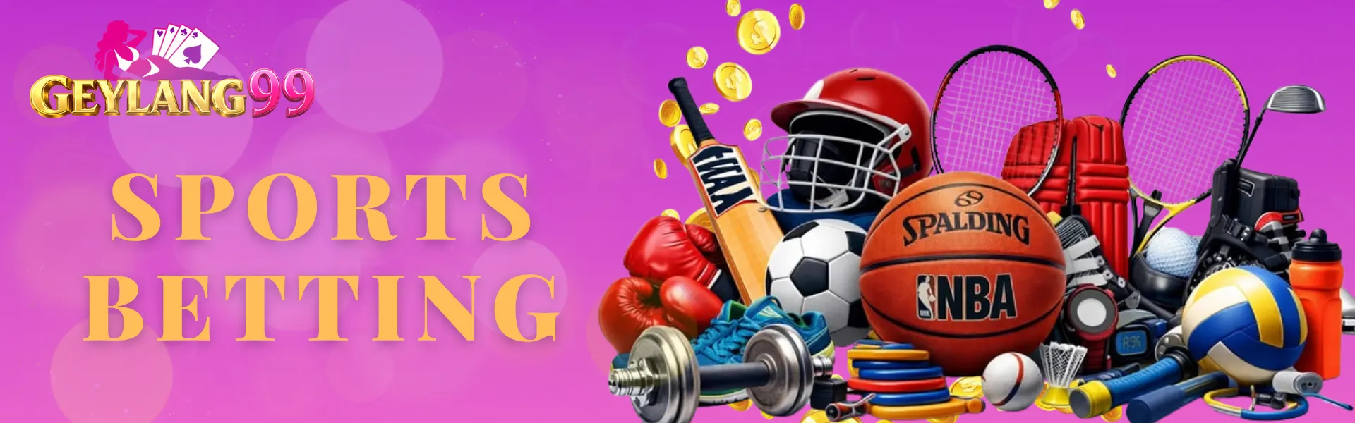 GEYLANG99 Sports Betting banner with gold SPORTS BETTING headline, brand logo, basketball, soccer ball, cricket gear, boxing gloves, tennis, golf, volleyball, fitness gear, and floating gold coins on magenta background