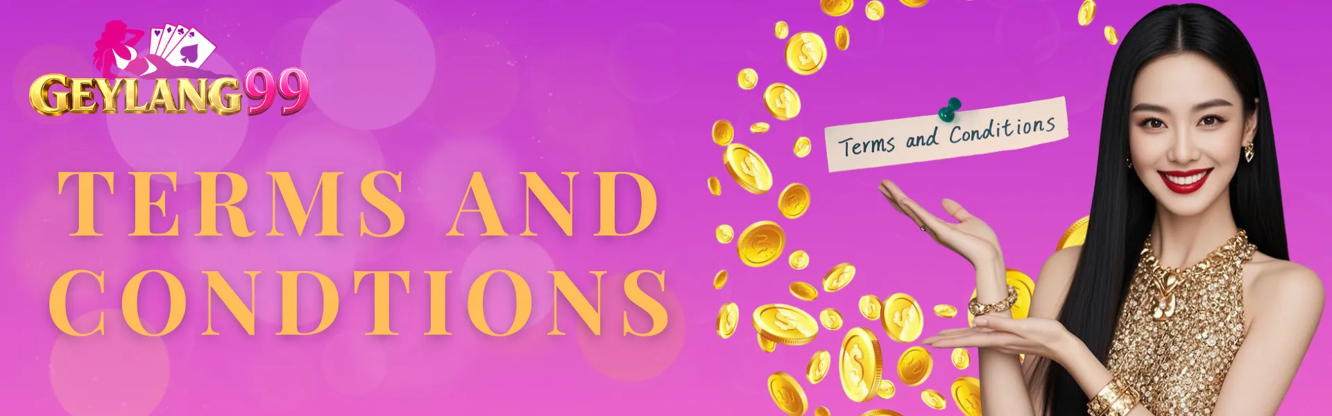 GEYLANG99 Terms and Conditions banner with gold headline text, logo, floating coins, and presenter on purple background